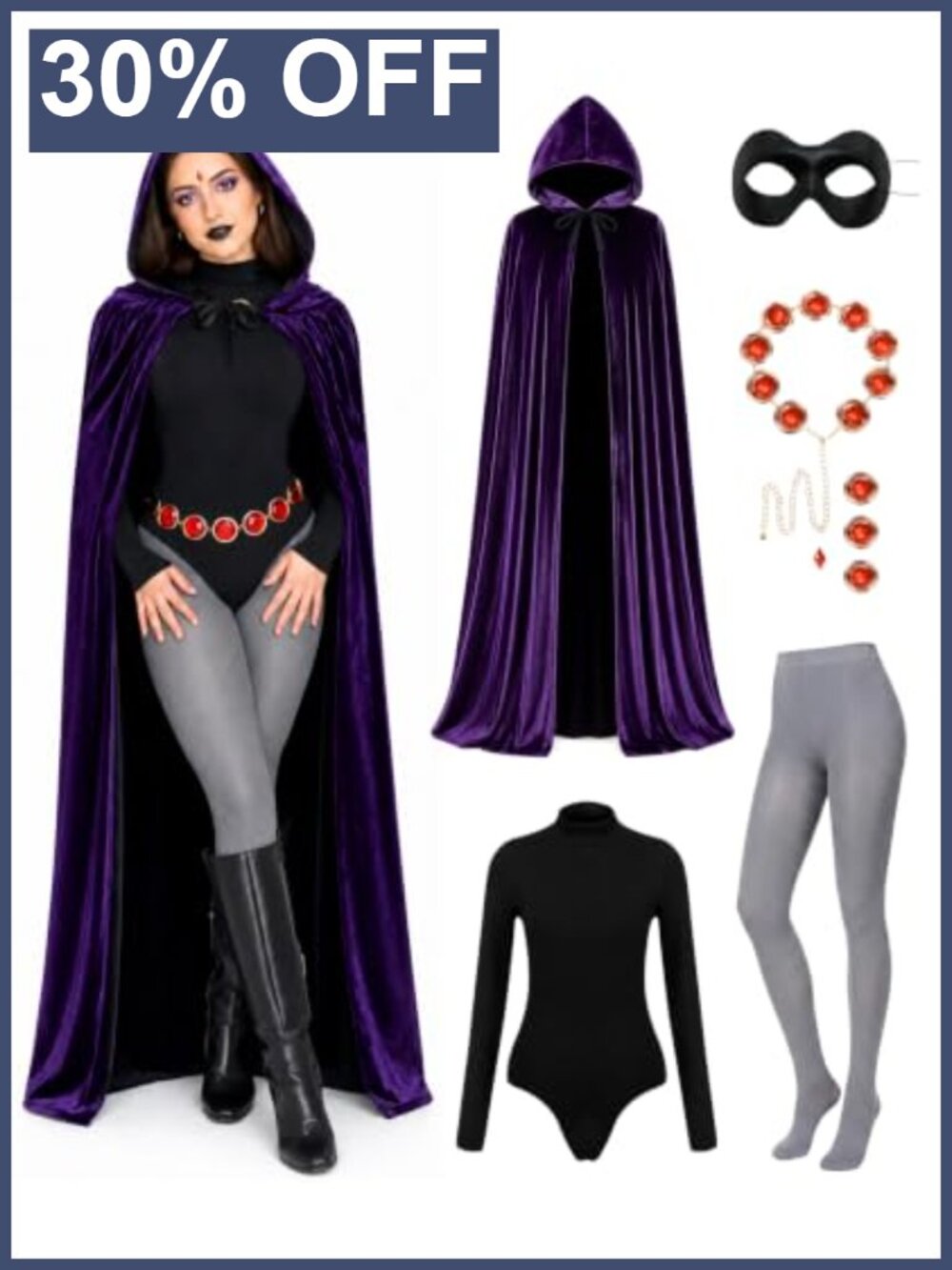 Raven Women's Halloween Cosplay Costume Set Purple Hooded Cape Bodysuit